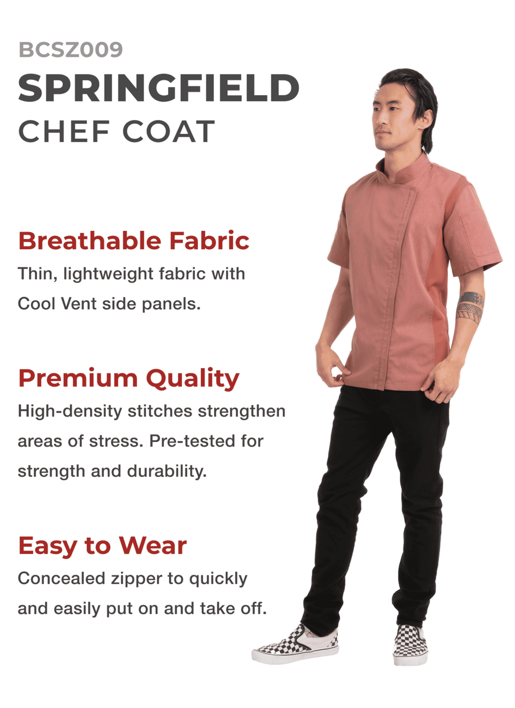 Men'S Springfield Chef Coat, Brick Chef Jacket with Cool Vent Side Panels, Large