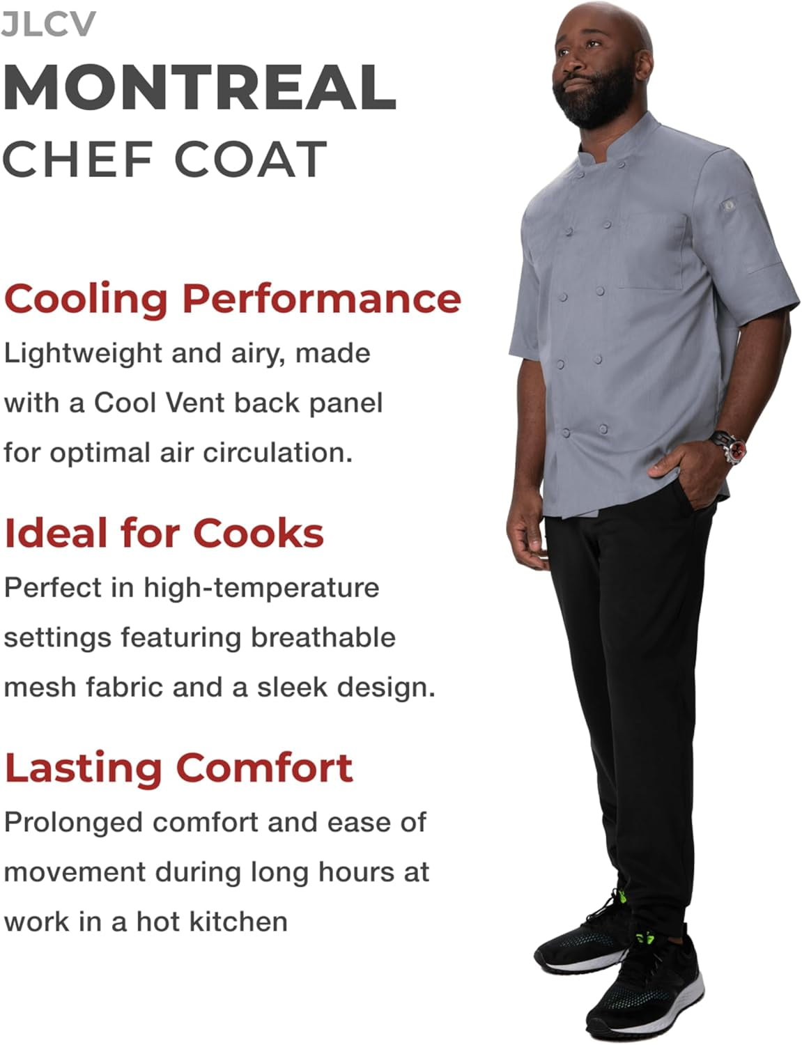 Men’S Montreal Cool Vent Chef Coat, Grey Chef Jacket, 3XL