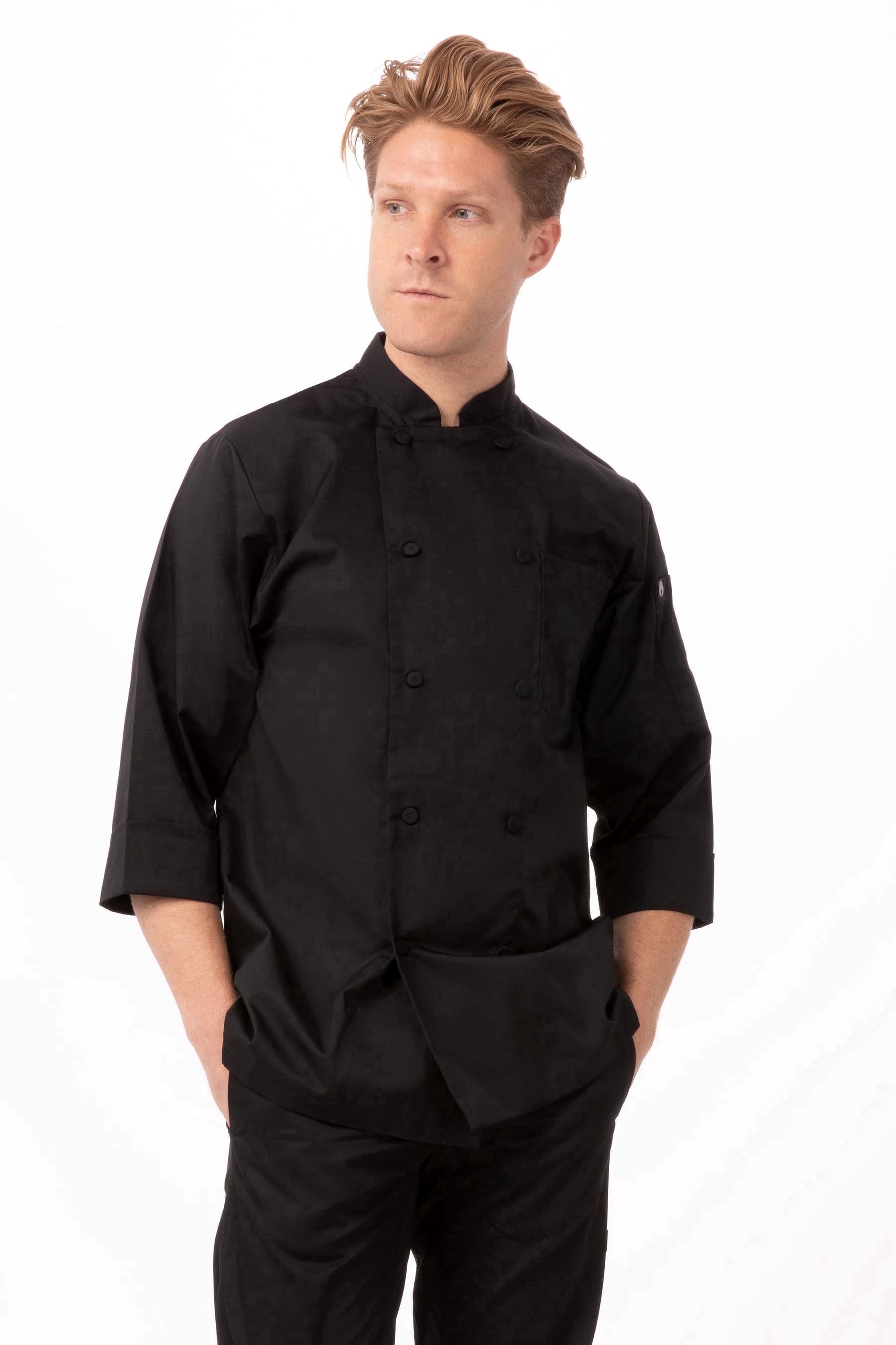 Men'S Morocco Chef Coat, Three-Quarter Sleeve Chef Jacket with Pockets, XL, Black