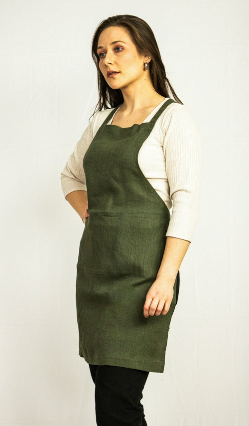 Moss Green linen apron