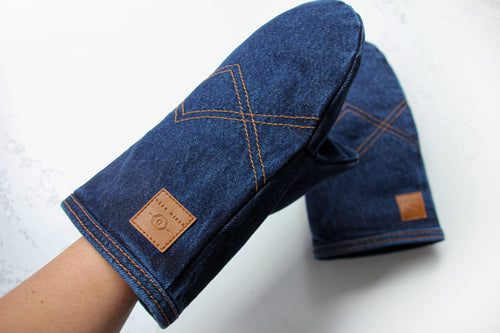 Denim oven mitts with removable wool insert, DenimDeko